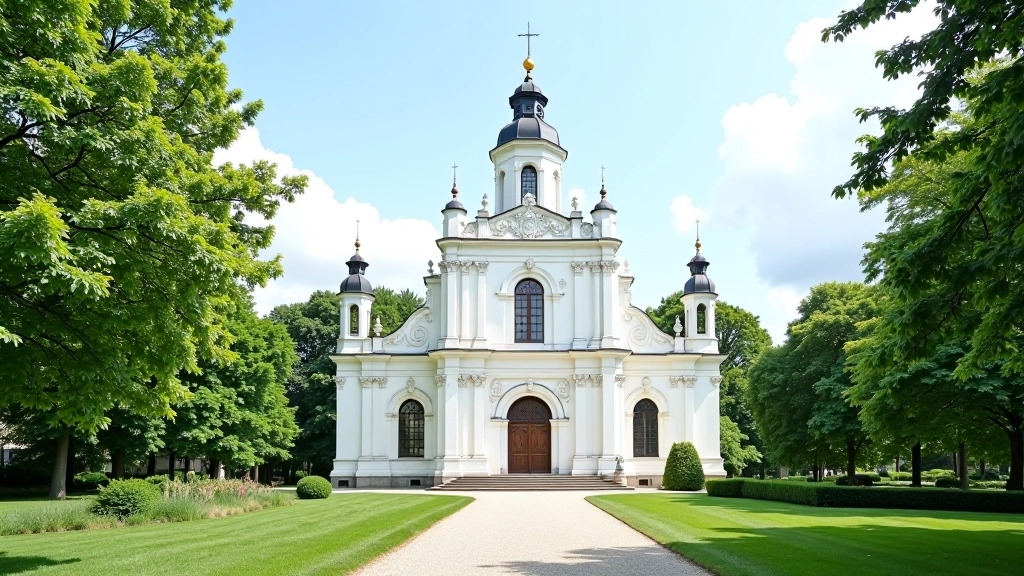 Šiluvos bazilika su barokiniu architektūra ir žaliais kalmais aplinkui