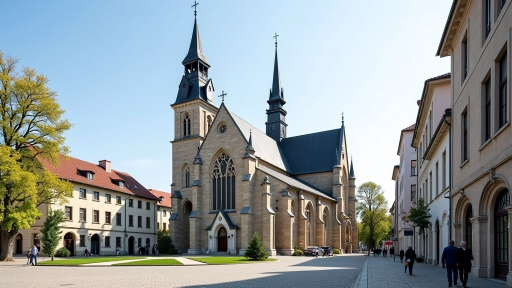 Šiaulių katedrala su senovės architekturos elementais, miesto centras, dienos šviesa