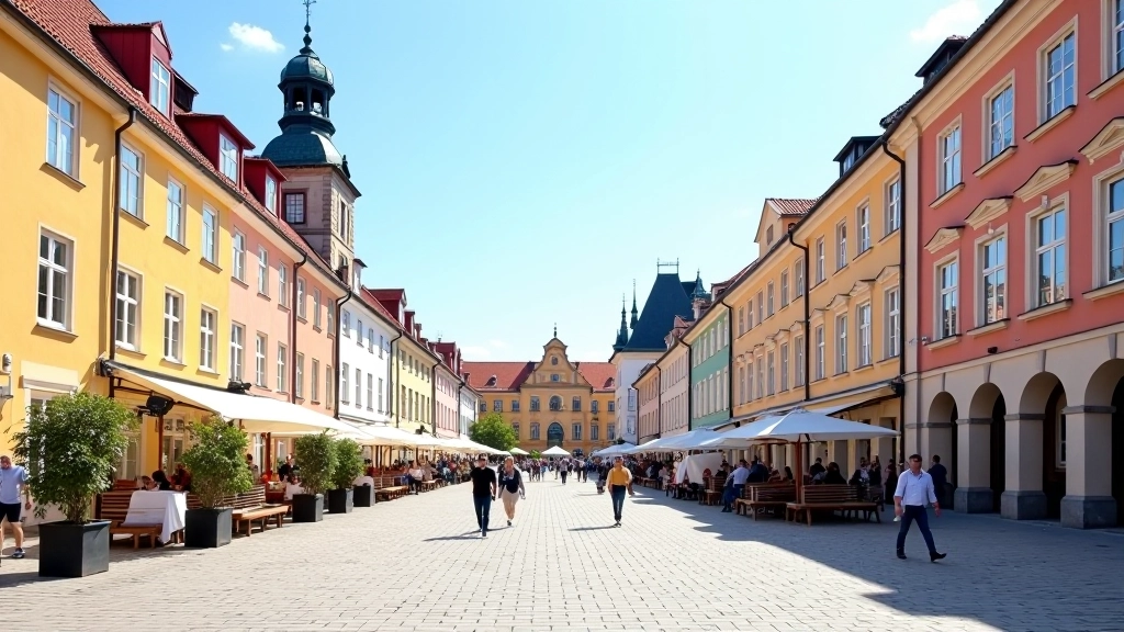 Klaipėdos senamiestis su tradiciniais namais, aikštė ir žmonėmis, saulės šviešoje