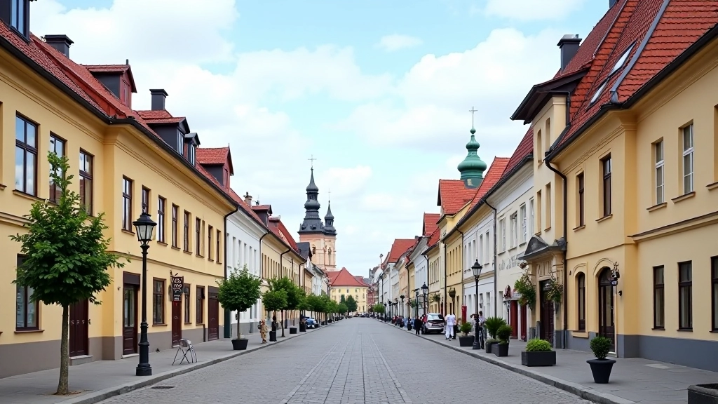 Šiaulių miesto gatves su istorinėmis bažnyčomis ir moderniomis parduotuvėmis