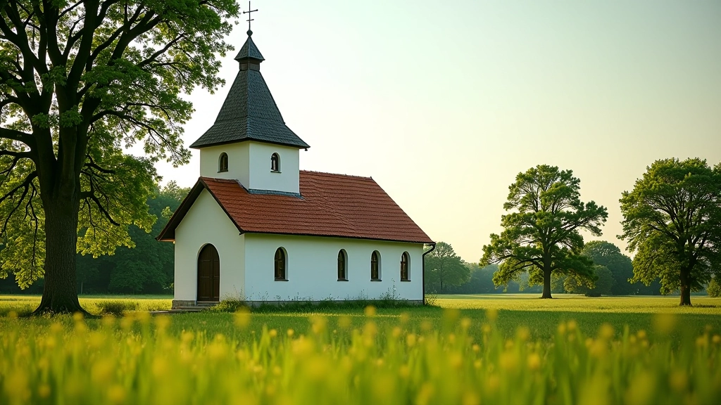 Senovinė bažnyčia su baltais sienomis ir medine varpine, aplinkui žali laukai